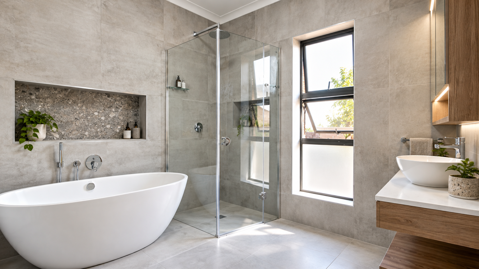 Completed Worcester bathroom renovation with a freestanding bath, glass shower and timber vanity