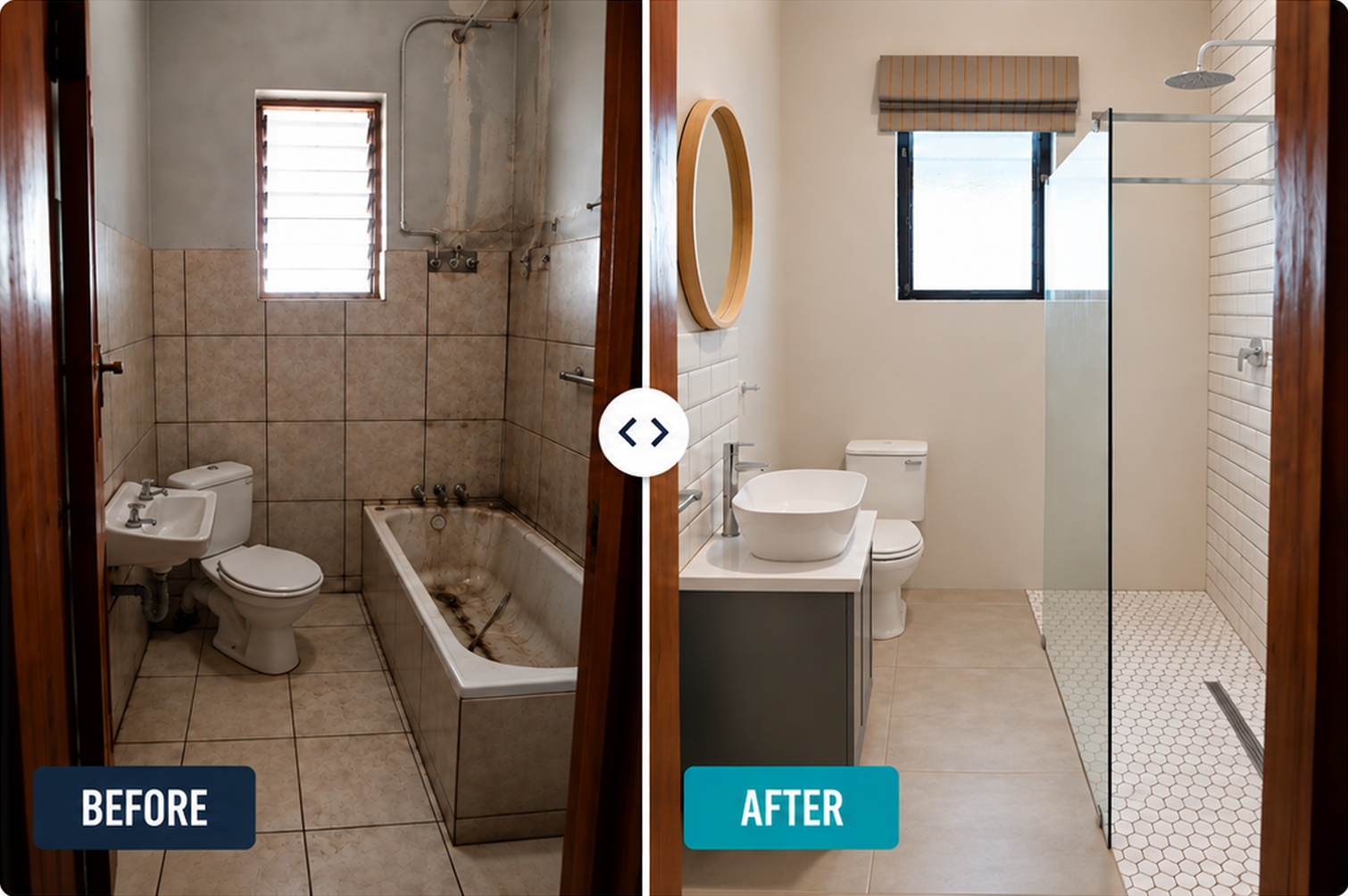 Before and after comparison of a worn bathroom transformed with a walk-in shower and new vanity